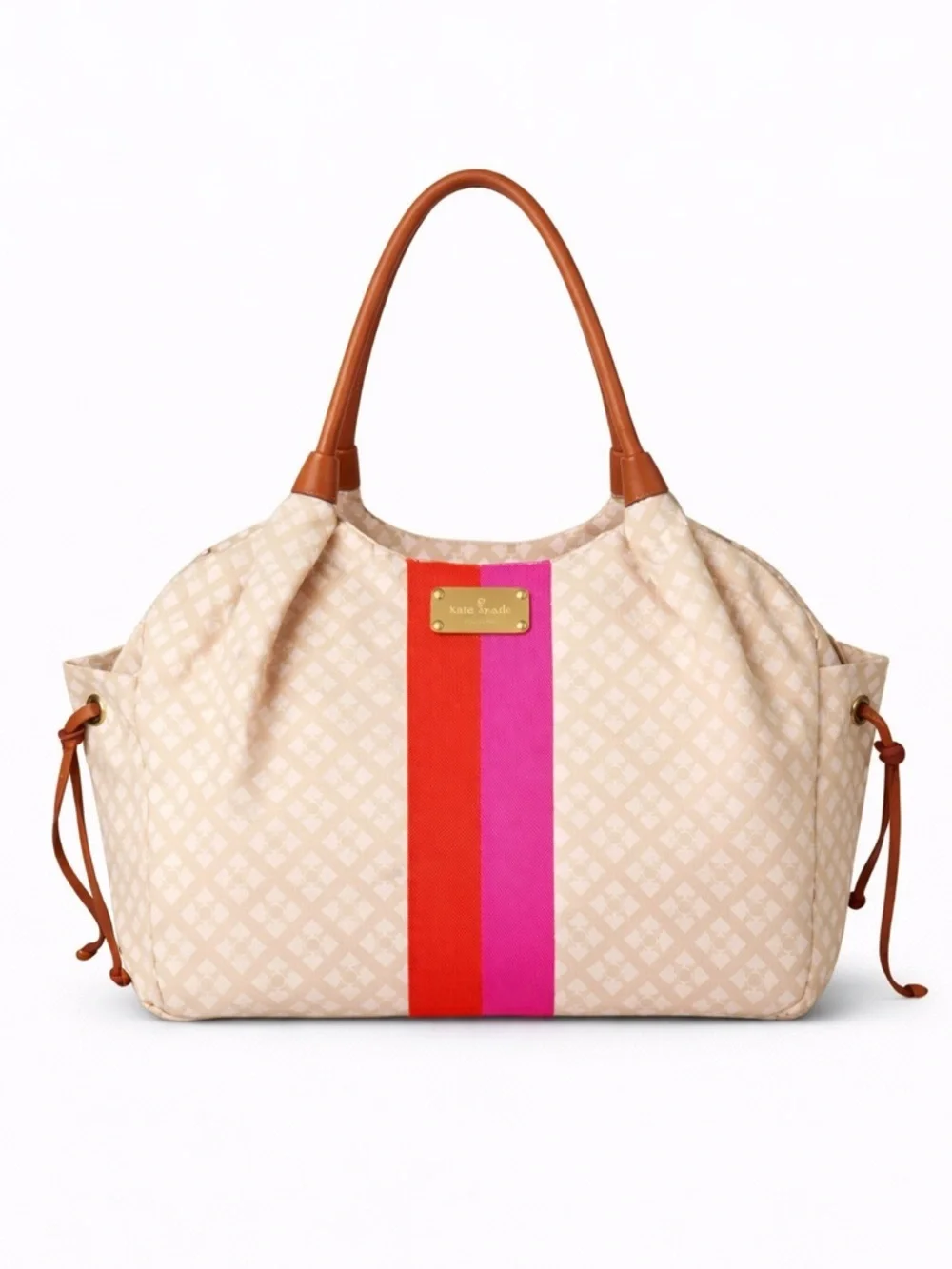 Kate Spade Canvas Tote Bag Beige Pink Stripe Large Travel Shoulder Chic